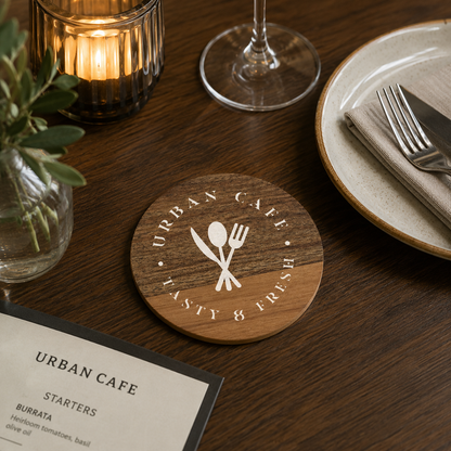 A round wooden coaster with white printed logo sits on a dark wood table. The scene includes a candle, glass, plate with fork, and a printed card, suggesting a restaurant or dining setting.