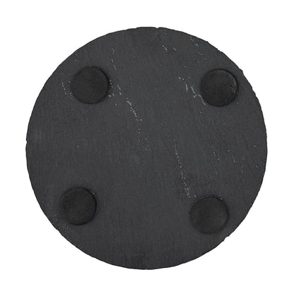 Round slate coaster with foam feet on the back to protect worksurfaces.