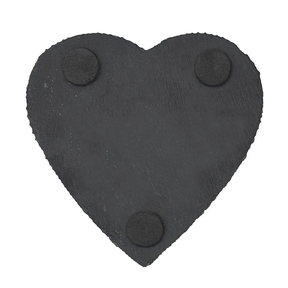 Heart-shaped slate coaster with foam feet on the back to protect worksurfaces.