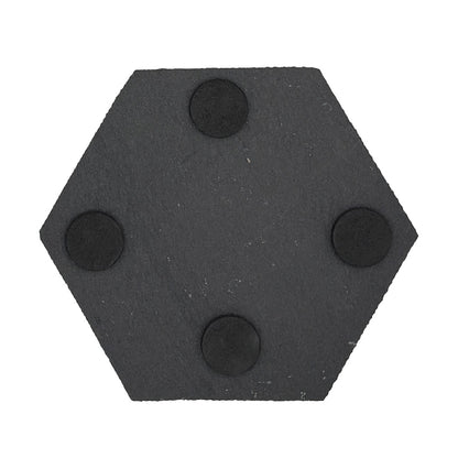 A hexagonal slate coaster with foam feet on the back to protect worksurfaces.