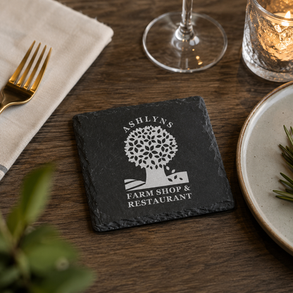 A square slate coaster with a custom logo placed on a wooden table with dining props including a fork, napkin, glass, candle, and plate.