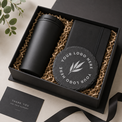A black gift box containing a matte black travel tumbler, a black notebook, and a round slate coaster with a personalised business logo. 