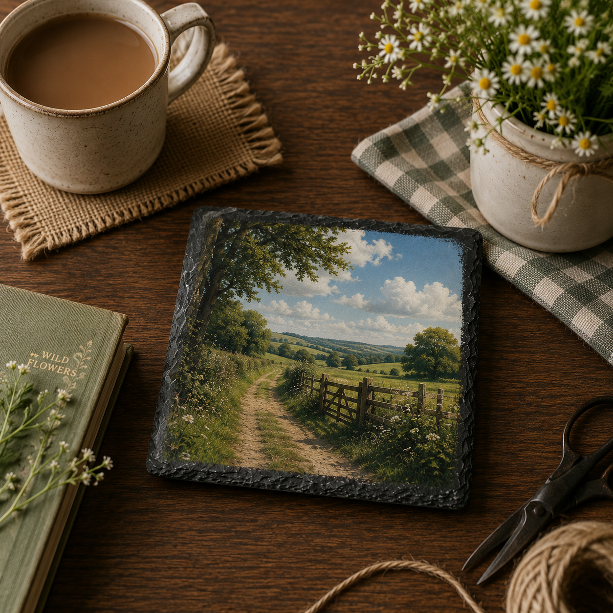Personalised photo slate coaster with a scenic design on a wooden table with a cup of coffee, book, and flowers.