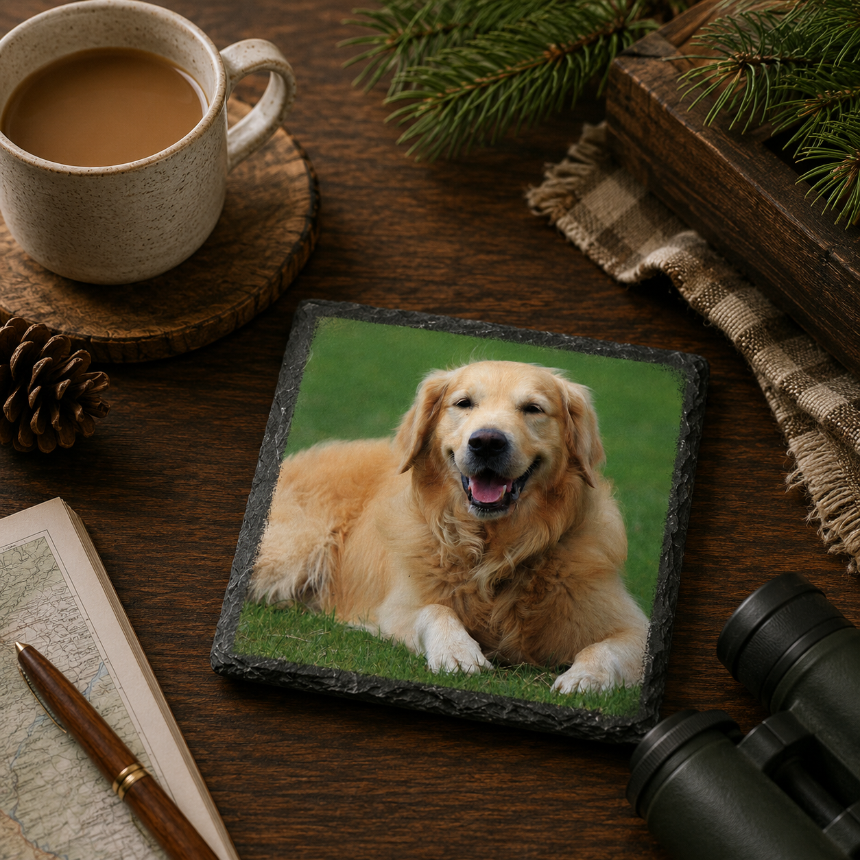 Personalised photo slate coaster with a golden retriever on a wooden table with a cup of coffee and binoculars.