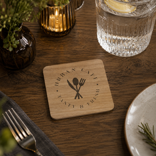 A square wooden coaster with a custom logo, placed on a dark wood table with dining props like a glass of water, a candle, and a plate.