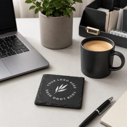 A square black slate coaster with a custom personalised logo sits on a light grey desk next to a black coffee mug, laptop, plant, and pen.